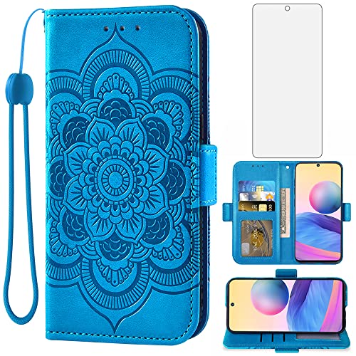 Asuwish Funda para Xiaomi Redmi Note 10 5G/Poco M3 Pro con Cristal Templado Protector Pantalla Vidrio Pelicula Protectora Libro Cuero Piel Tarjetero Note10 10T G5 M2103K19G Tapa Carcasa Capa Case Azul