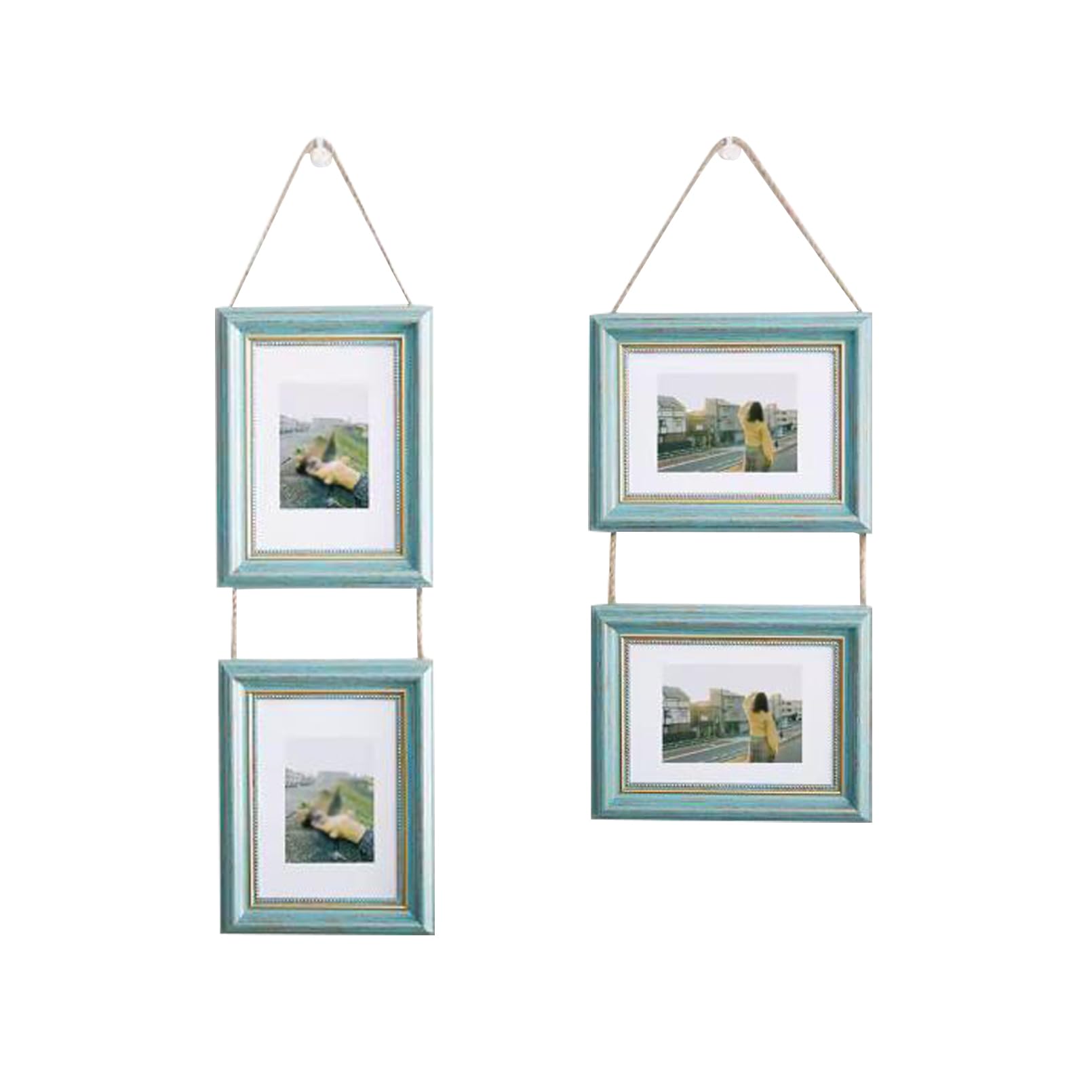 Montage mural de cadres photo suspendus bleus et tableaux en verre