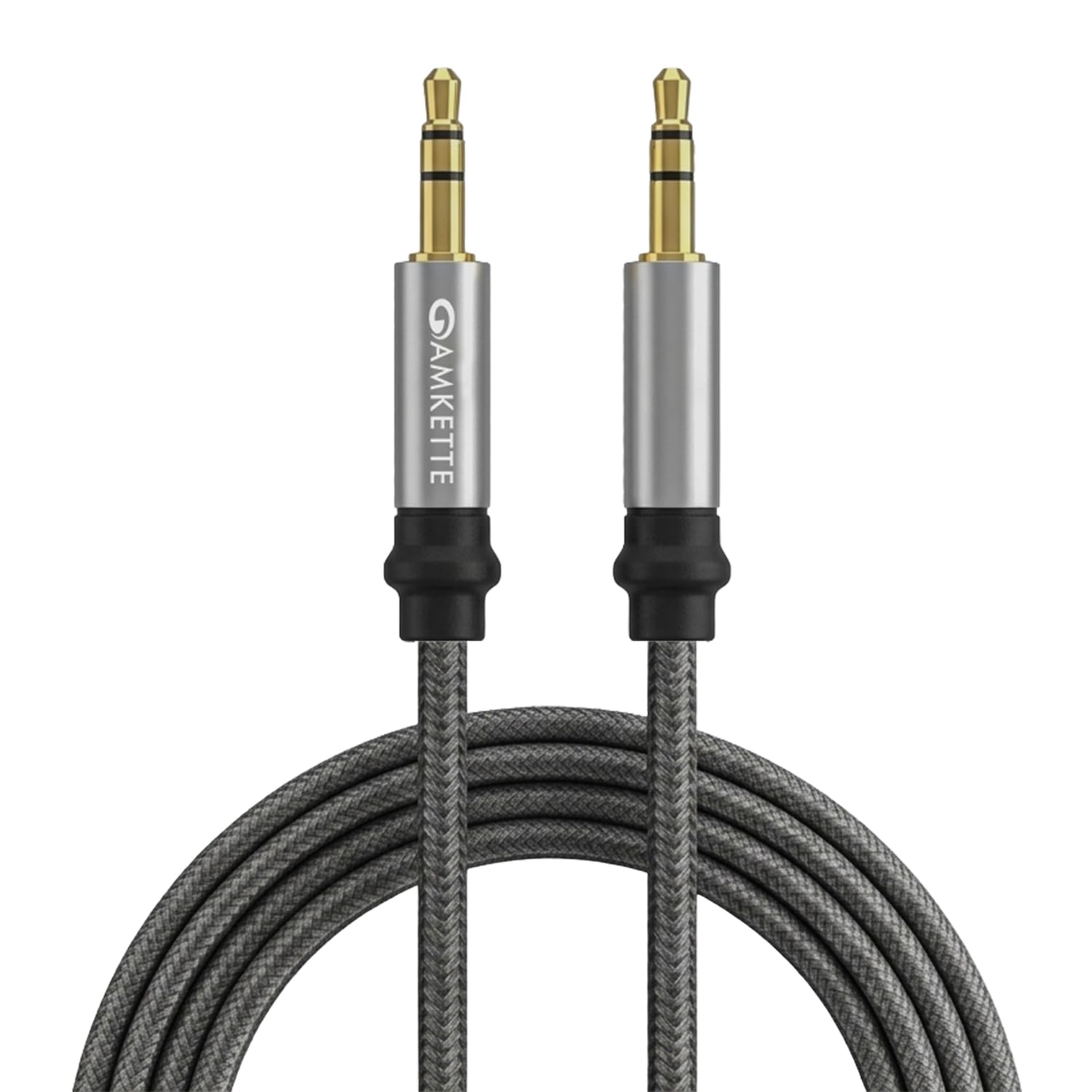 Amkette Vibe Braided Aux Cable | Audio Cable for Speakers | 3.5mm Audio Cable, Nylon Braided, Gold-Plated Connectors, 1.5m, 25000 Bend Tested | Wired Aux Cable Grey
