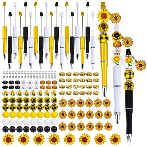 WEWAYSMILE 18pcs Assorted Beadable Bead Pens DIY Kit, Plastic Ballpoint Pens Bulk with Beads, Sunflower Theme