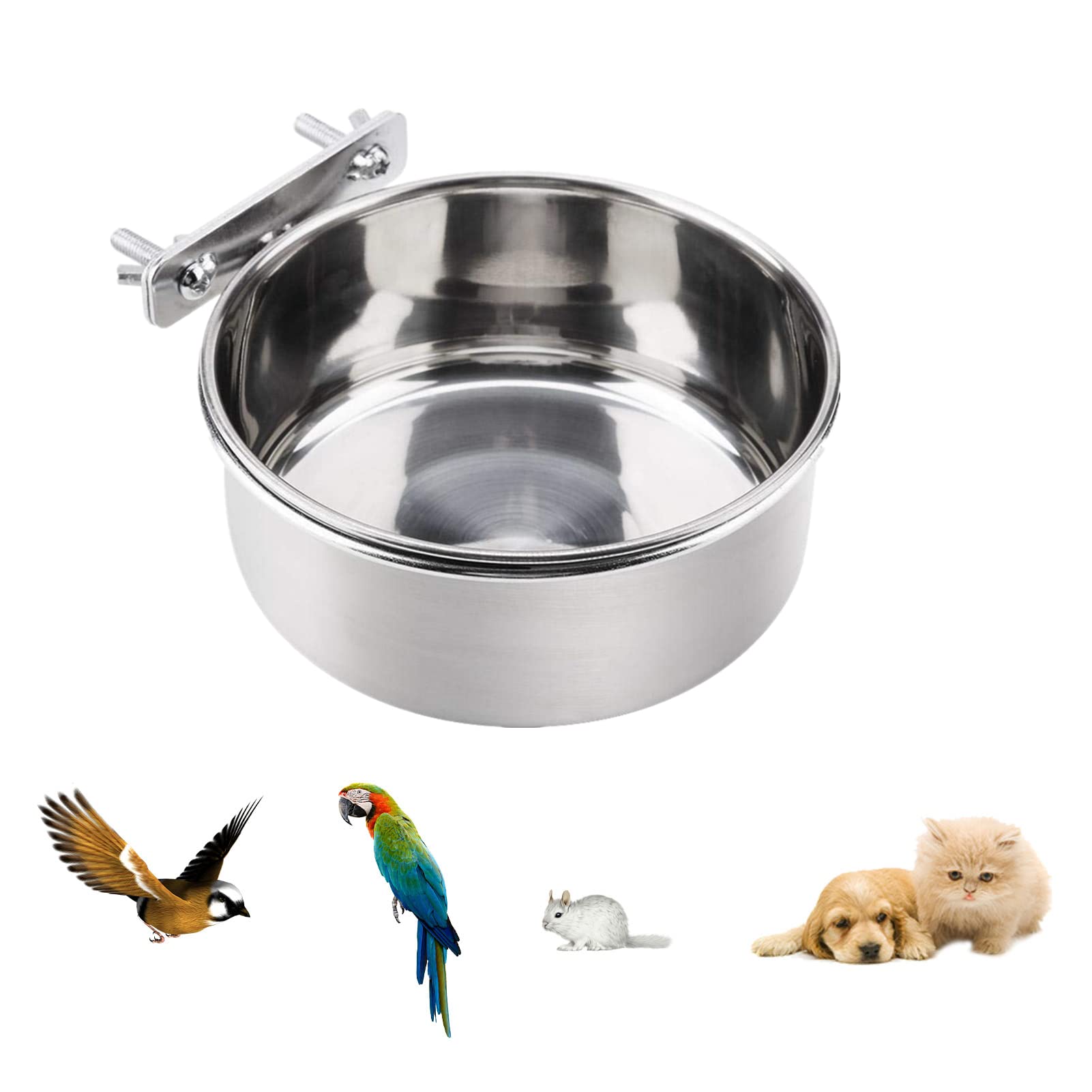 Comedero de Jaula de pájaros de Acero Inoxidable, Cuenco de alimentación de Agua para Loros, Tazas de alimentación para Loros y pájaros con Abrazadera para Animales pequeños(L)