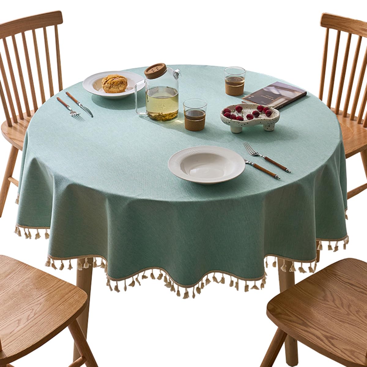 GOEXCPL Round Tablecloth Stain Resistant Coated Waterproof Wipe Clean Tablecloth Green Diameter 220 cm, Green-a, 86.6 inch (Round)