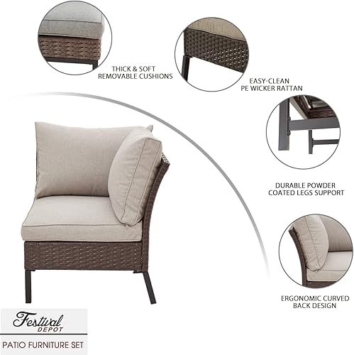 Miniatura 3 de Festival Depot 1 sofá de mimbre de mimbre para patio, sofá esquinero seccional, muebles para exteriores con cojines gruesos y marco de metal para