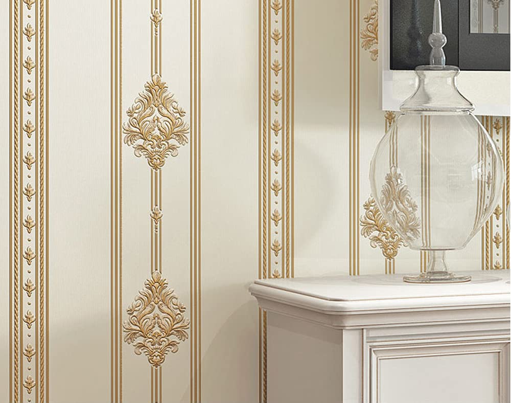 Q QIHANG 1.73' W x 32.8'L 3D Embossed Damask Printing Modern Minimalist European Style Bedroom TV Background Non-Woven Non-Pasted Wallpaper (B Beige)