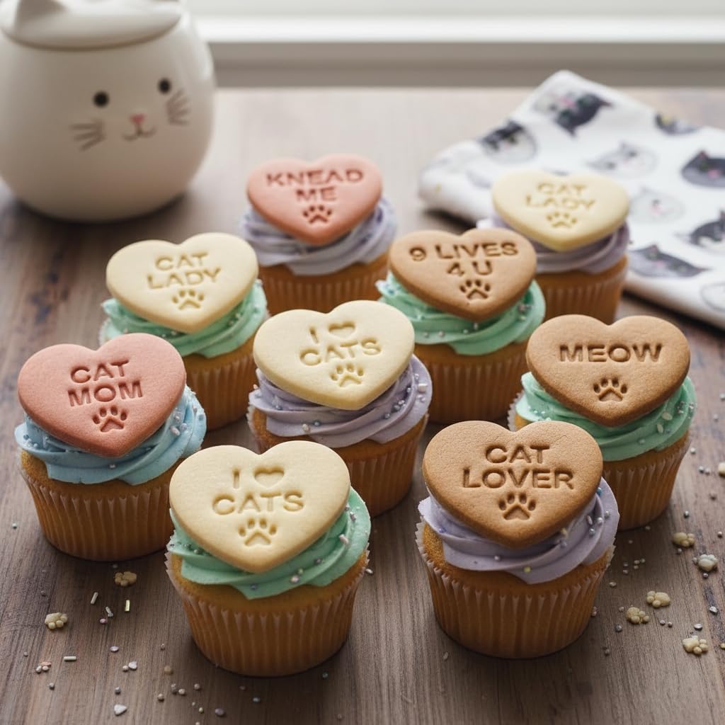 BAKERLOGY Lot de 10 emporte-pièces cœur message pour amoureux des chats – Emporte-pièces en forme de cœur pour mamans de chats & fans de kitty, fondant & décor, biscuits de fête