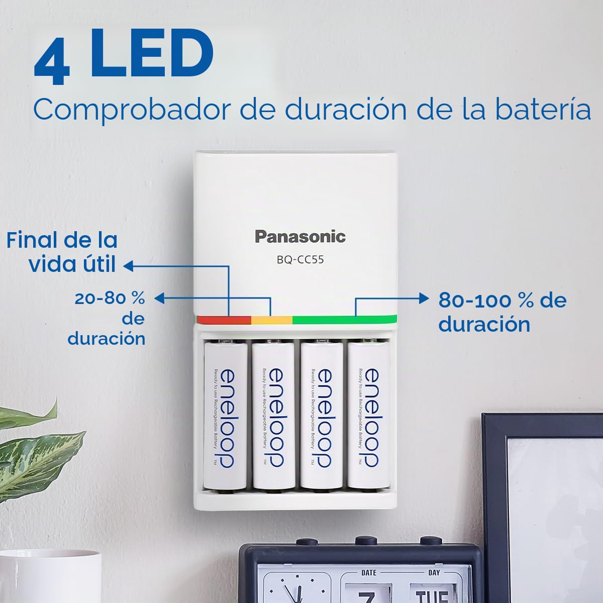 Panasonic eneloop Cargador SmartPlus para 1-4 baterías AA/AAA Ni-MH, 4 indicadores LED, 10 características de seguridad, 4 baterías eneloop AA/Mignon, capacidad min. 2000