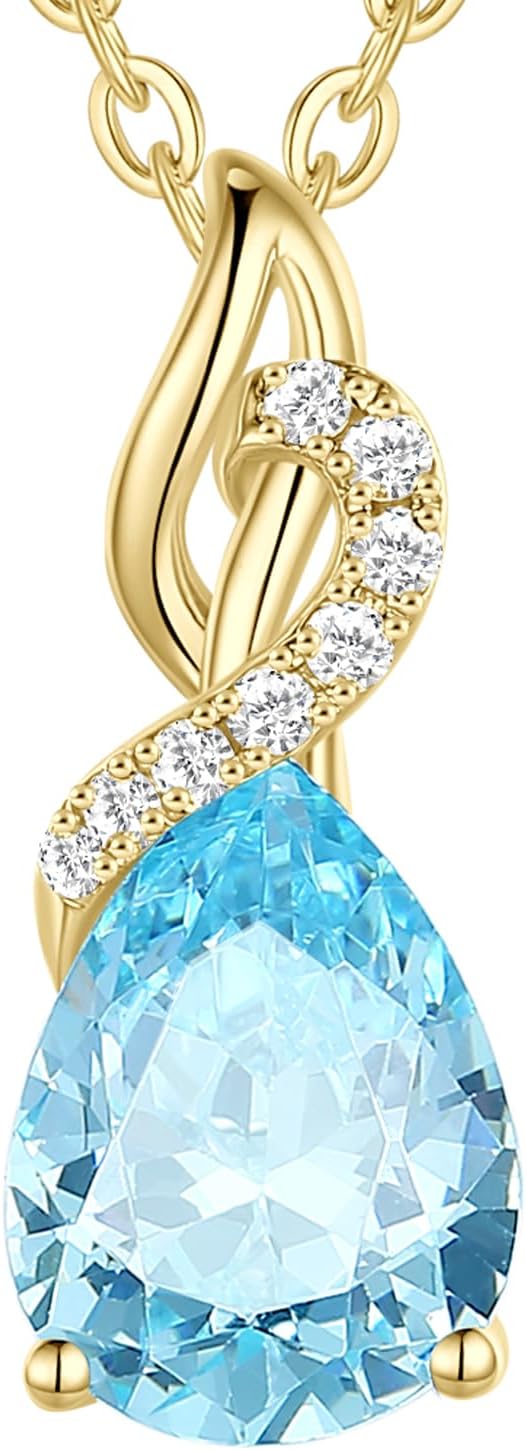 FANCIME Aquamarine Necklace March Birthstone Necklace 14K Solid Yellow Gold Teardrop Pendant with Diamond Jewelry Gifts for Mom Women