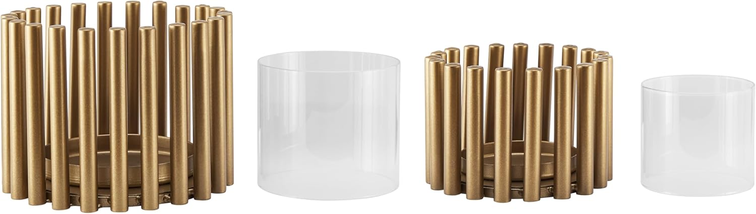 Danya B. Pela Pillar Ring Warm Gold Midcentury Modern Votive Hurricane Candle Holders - Set of 2, Gold, Clear