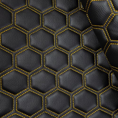 – Premium Hexagon Quilted Vinyl Fabric, Black and Beige, 140cm Wide, Honeycomb Pattern, Laminated Scrim Foam Backing, for Luxury Vehicle Upholstery (Black with Yellow Stitch, Sample (15cm x 15cm))
