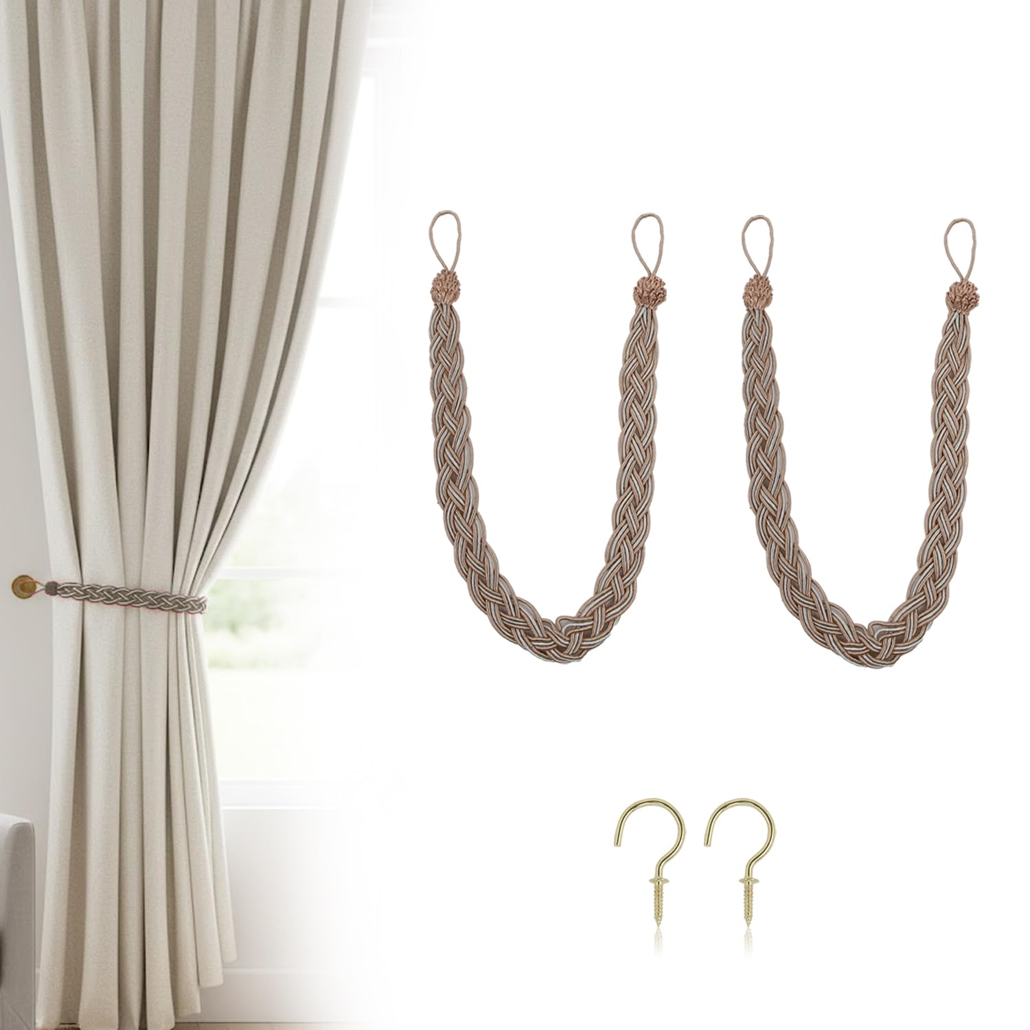 Uxney Beige Curtain Tiebacks, 2 Pack Hand Braided Rope Curtain Holdbacks with Metal Hooks – Heavy Duty Beige Tie Backs for Drapes, Window Treatment Decorative Holdbacks for Living Room