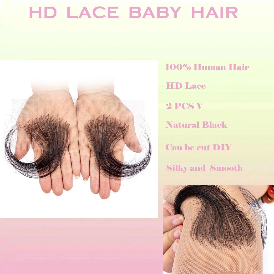 Edges Baby Hair Top Swiss HD Lace 100% Real Human Hair Reusable Breathable Invisible Lace Hairline Stripes Natural Black Curly for Women (2pcs"V") - Image 2