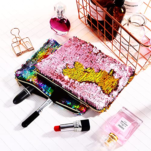 Tatuo 4 Pcs Sequin Makeup Bag Glitter Sequin Purse Rainbow Iridescent Make up Bag Small Reversible Cosmetics Pouch for Women Teacher Graduation Gifts Party Favors3