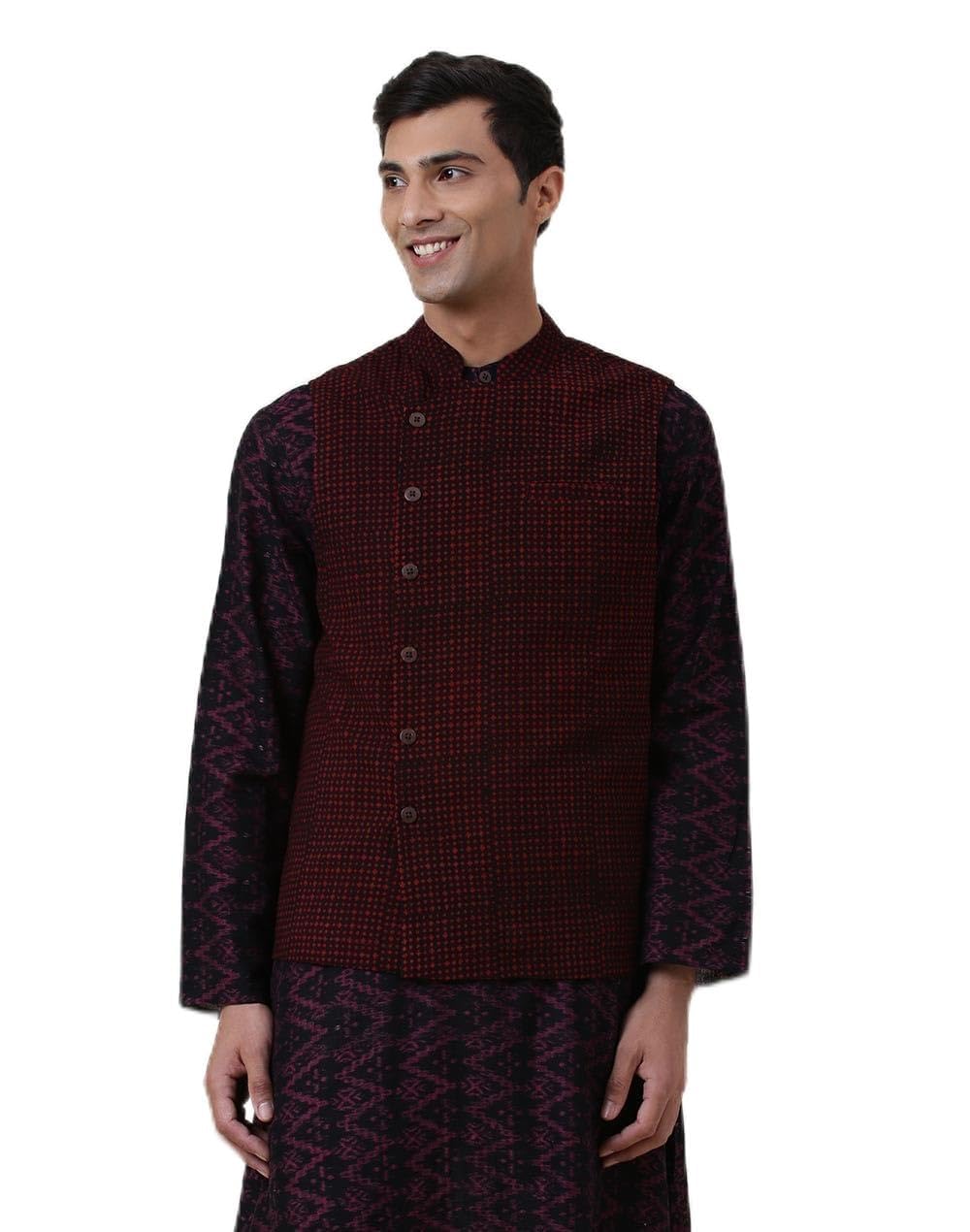 Maroon Cotton Hand Block Printed Nehru Jacket-image-46
