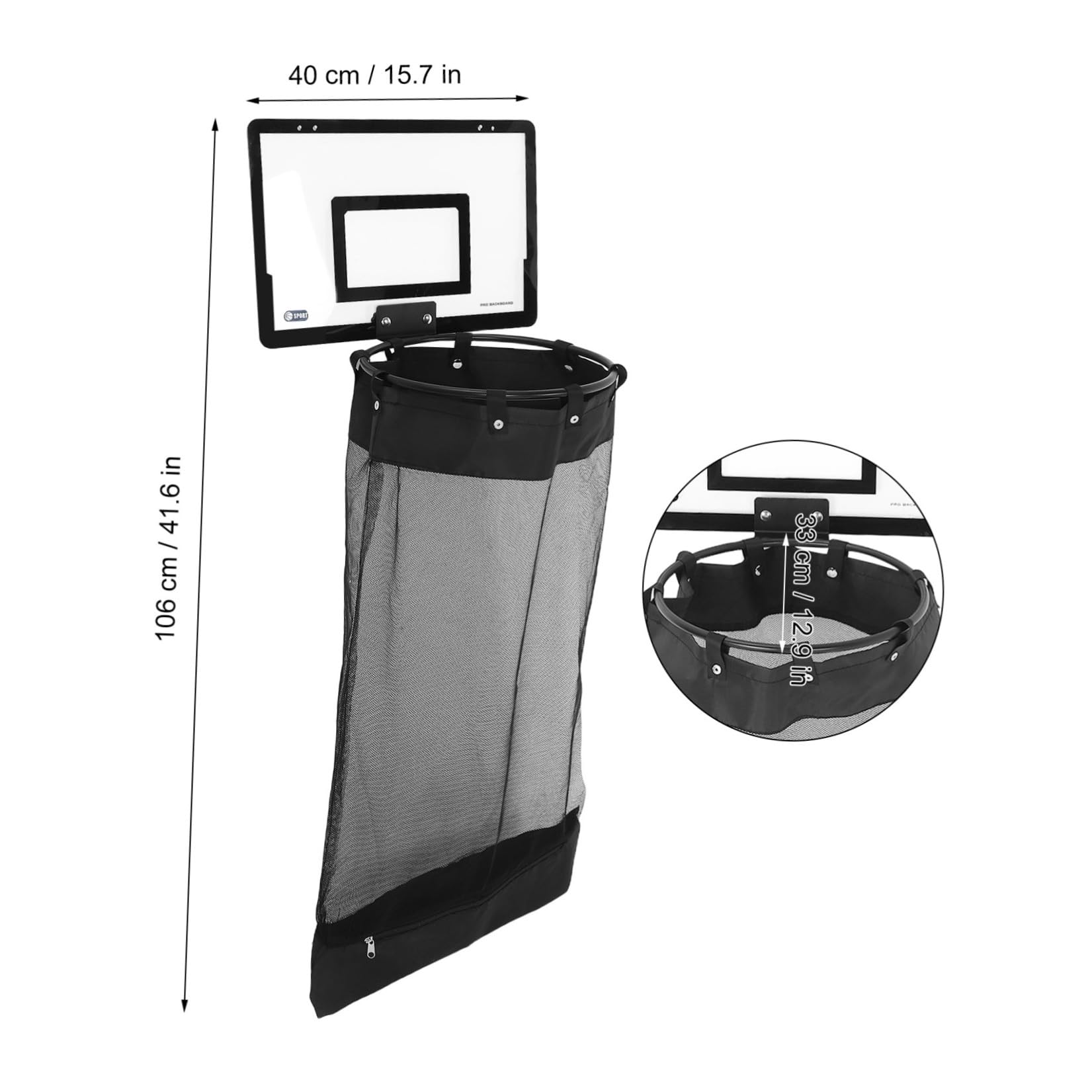 Basketballwurf Wäschekorb mit Türhaken, Schwarzes Kunststoffnetz,