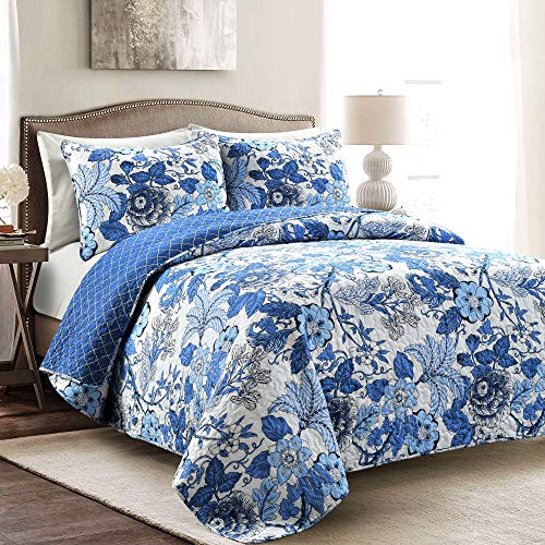 Image of Lush Decor Sydney Reversible Cotton Quilt Set, 3 Piece Set, Full /Queen, Navy & White - Cotton Bedding Set - Navy Floral Quilt - Cottage Decor - Bedding Queen Size