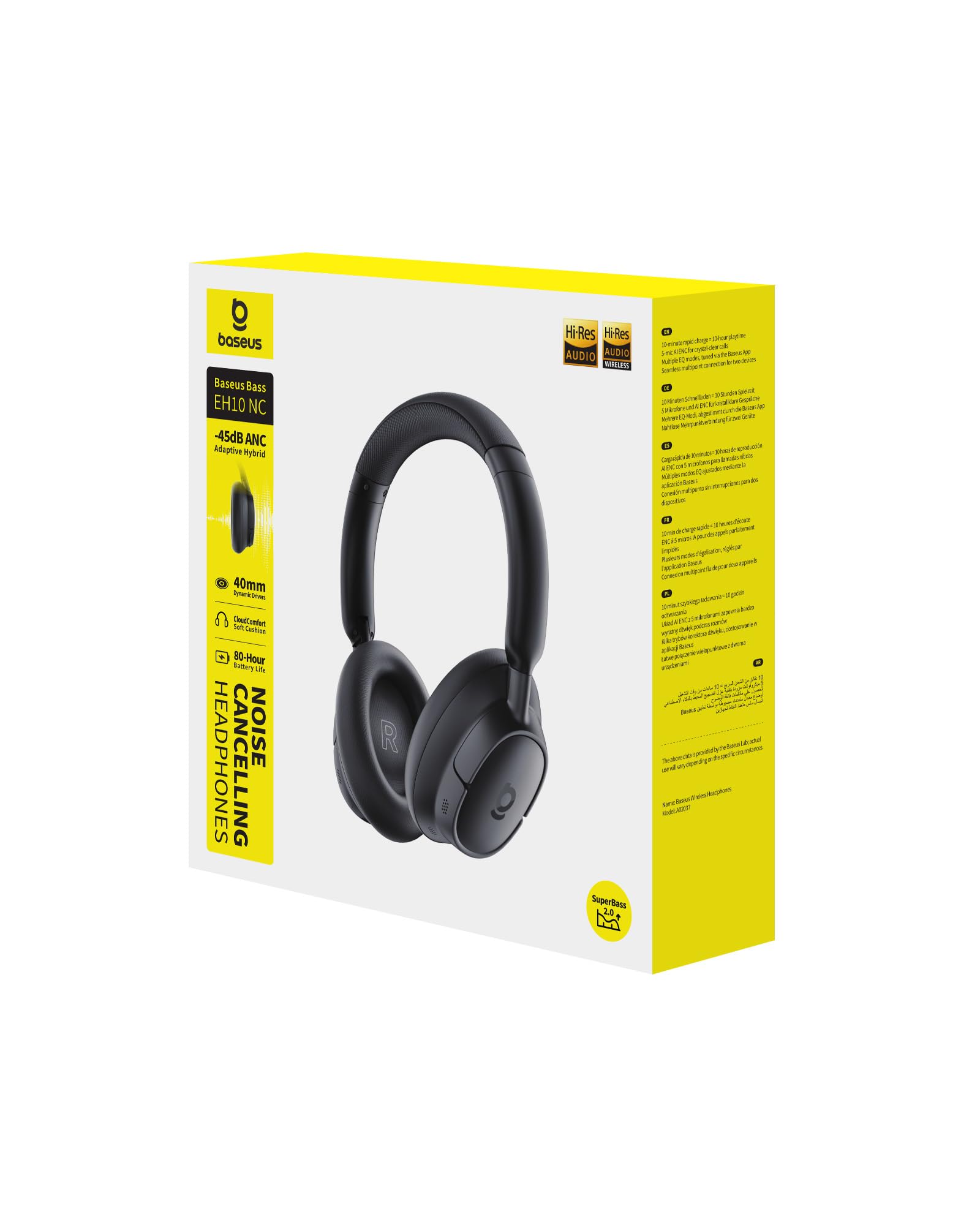 Baseus EH10 NC Cuffie Bluetooth con Cancellazione del Rumore Ibrida Attiva -45 dB, Cuffie Over-Ear Hi-Res & Audio LDAC con 5 Microfoni AI, 80 h di Autonomia, Bluetooth 6.0, Connessione Multipunto