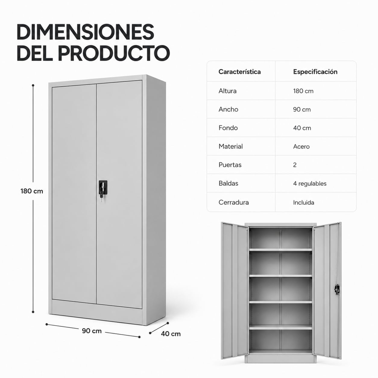 Armario archivador Oficina Acero 180 × 90 × 40 cm con Cerradura – 4 baldas Regulables 5 Posiciones, topes Anti-Ruido, 2 Puertas