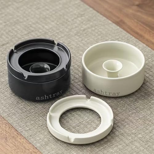 Svartvitt keramiskt askfat 2-delat set, vindtät cigarett asksamlare med halvstängt lock för företag kontor vardagsrum sovrum receptionshall, askhållare, present till rökare