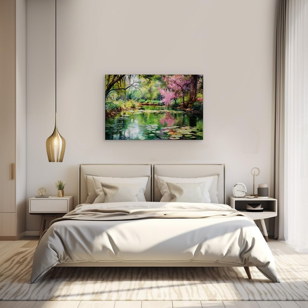 Canvas for Living room. Whispers of Serenity: An Impressionist Journey Along a Lily-Pad Laden Creek, 27 x 18 inch Canvas Wall Art - Contemporary Masterpieces - Modern Home Decor