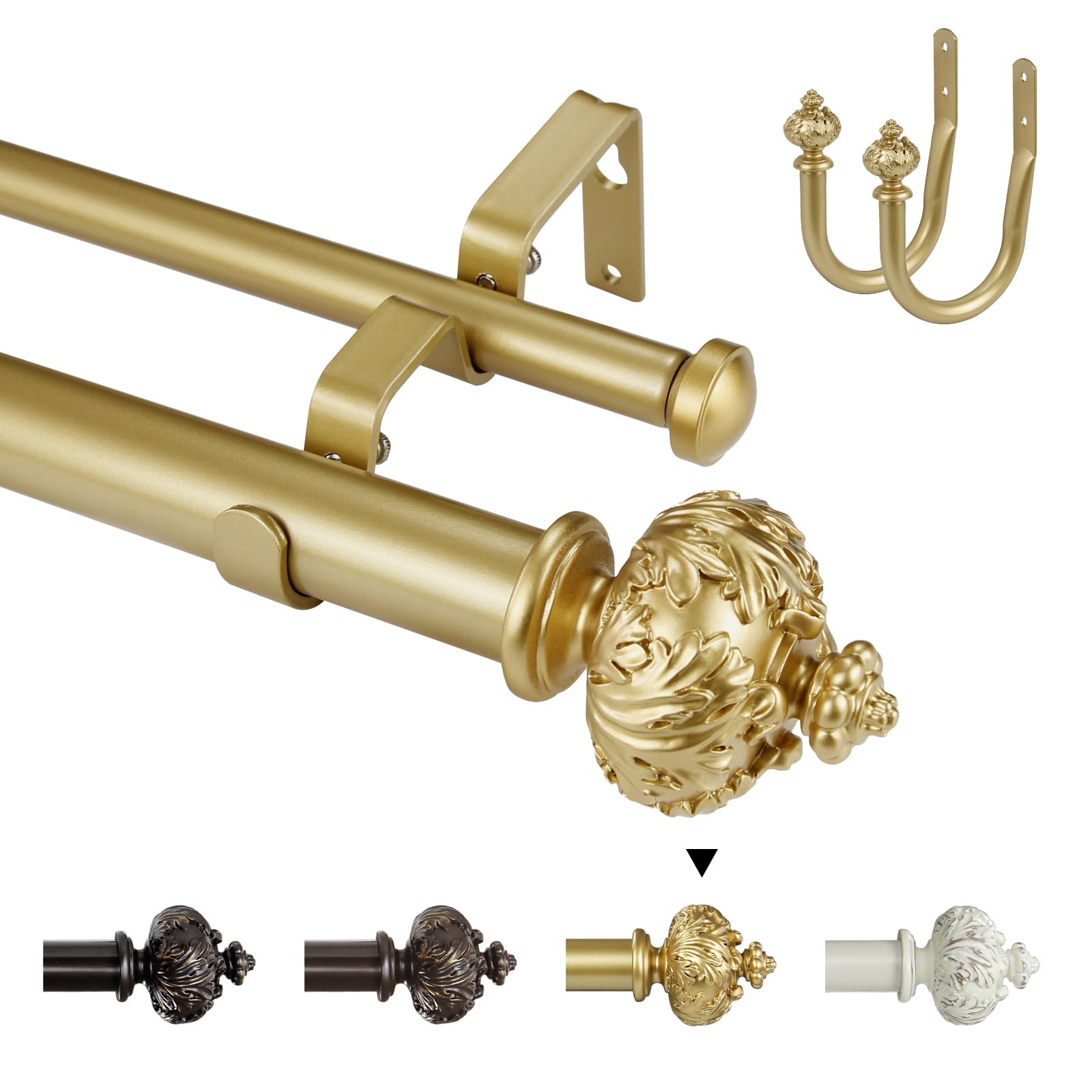 Double Curtain Rod with Albert Finials, 1 Inch Diameter, Adjustable Length 28-48, 48-84, 84-120 Inches (Gold（+Holdbacks）, 121-213 cm)