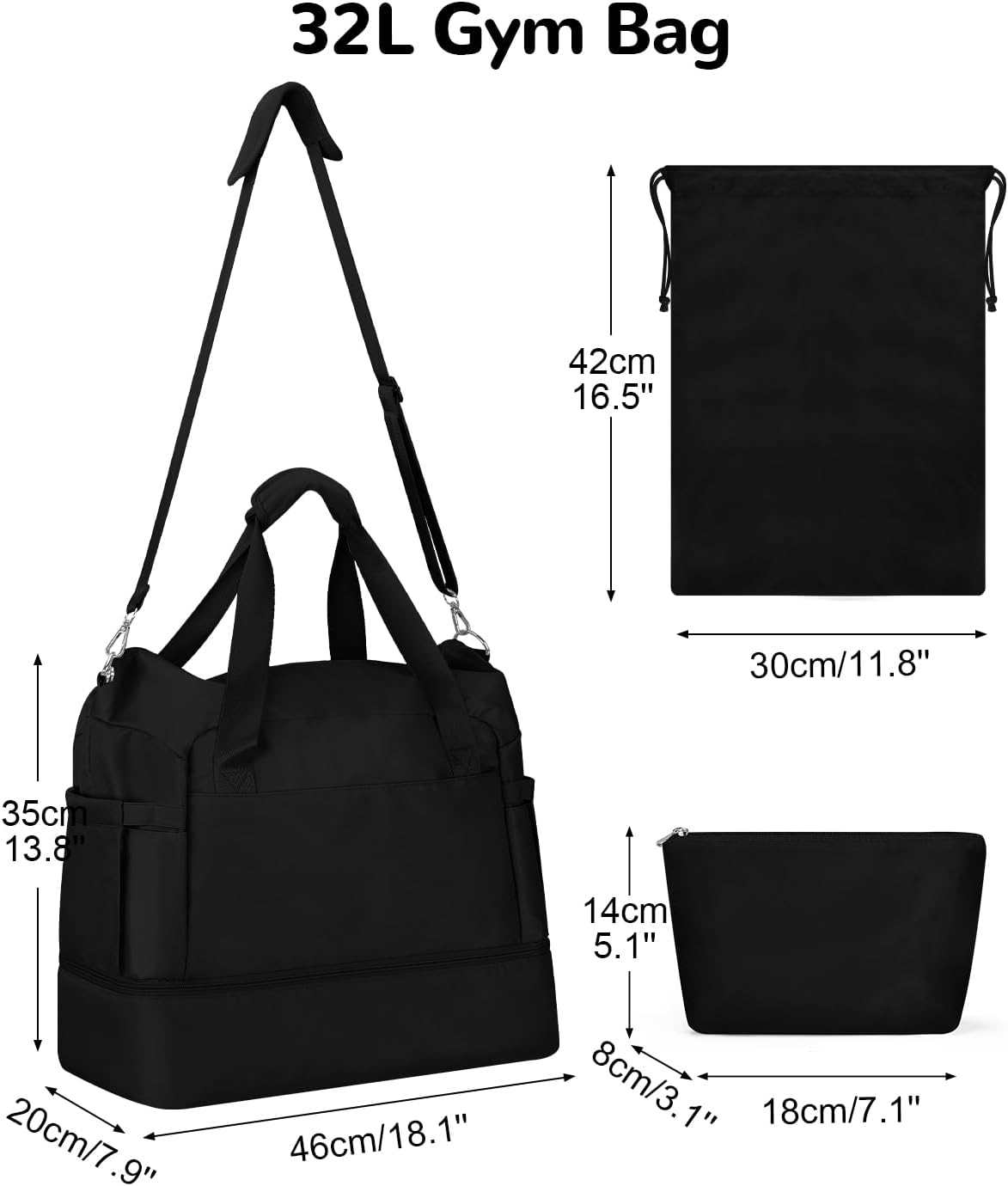 Travel Duffel Bag with Toiletry Kit for Women, Personal Item Carry on Bag with Shoe Compartment, Gym Bags with Wet Pocket, Large Weekender Overnight Bags for Travel Weekend Hospital, Black