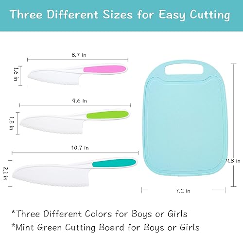 Miniatura 4 de Juego de cuchillos para niños para cocina real, juego de 4 cuchillos para niños pequeños, cuchillo de cocina de nailon con tabla de cortar, agarre