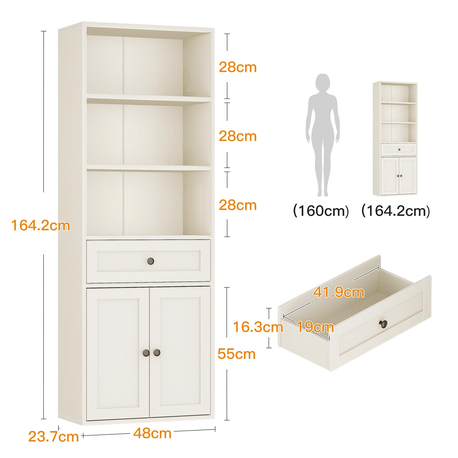Coleshome Boekenkast, rek met 5 etages, staand rek met 3 stoffen laden, smalle plank, geschikt voor slaapkamer, kantoor, woonkamer, 60 x 24 x 155 cm, vintage kleuren