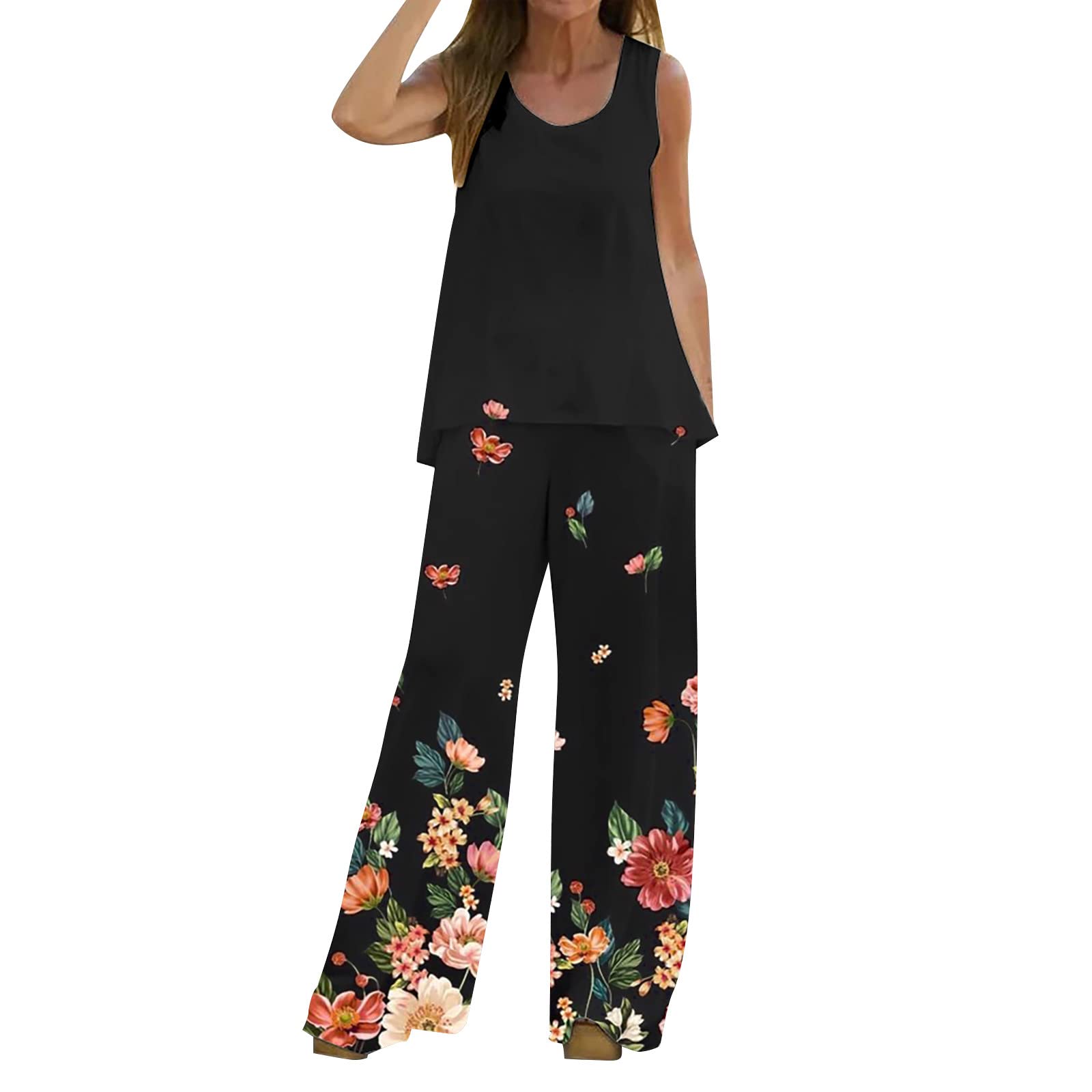 Generic Chandal Mujer Casual Original Chaleco Estampado Verano Para Mujeres Blusa Piernas Anchas Pantalones Largos Manga Corta 2024 Nueva Conjunto Mujer Vestir Dos Piezas Elegante