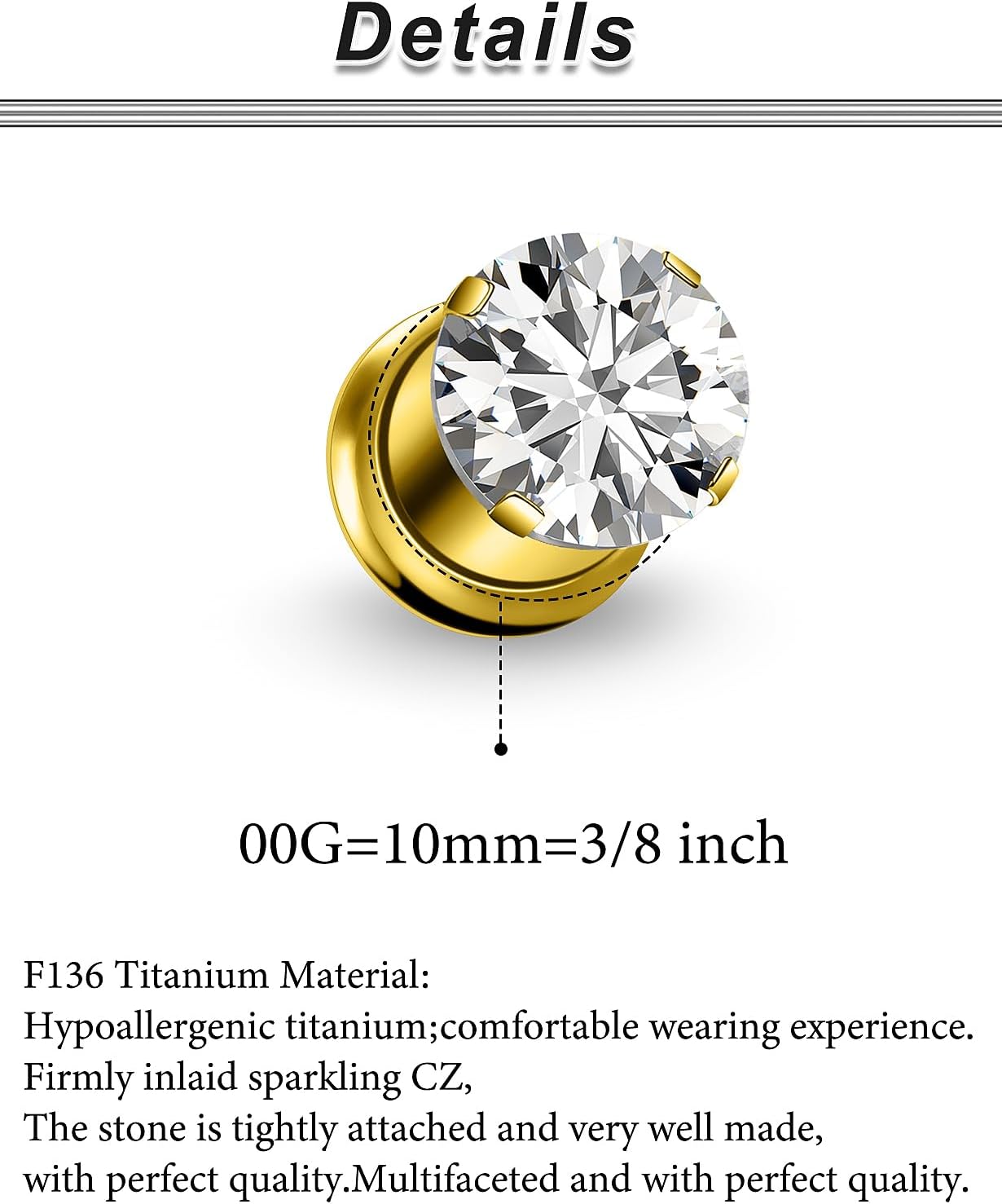 Ocptiy 10G-00G Astm F136 Titanium Gauges Tunnels for Ear Screw Fit Round CZ Ear Gauges Tunnels Plug Earrings Expander Stretcher Piercing Jewelry for Women Men Silver Gold 1 Pairs