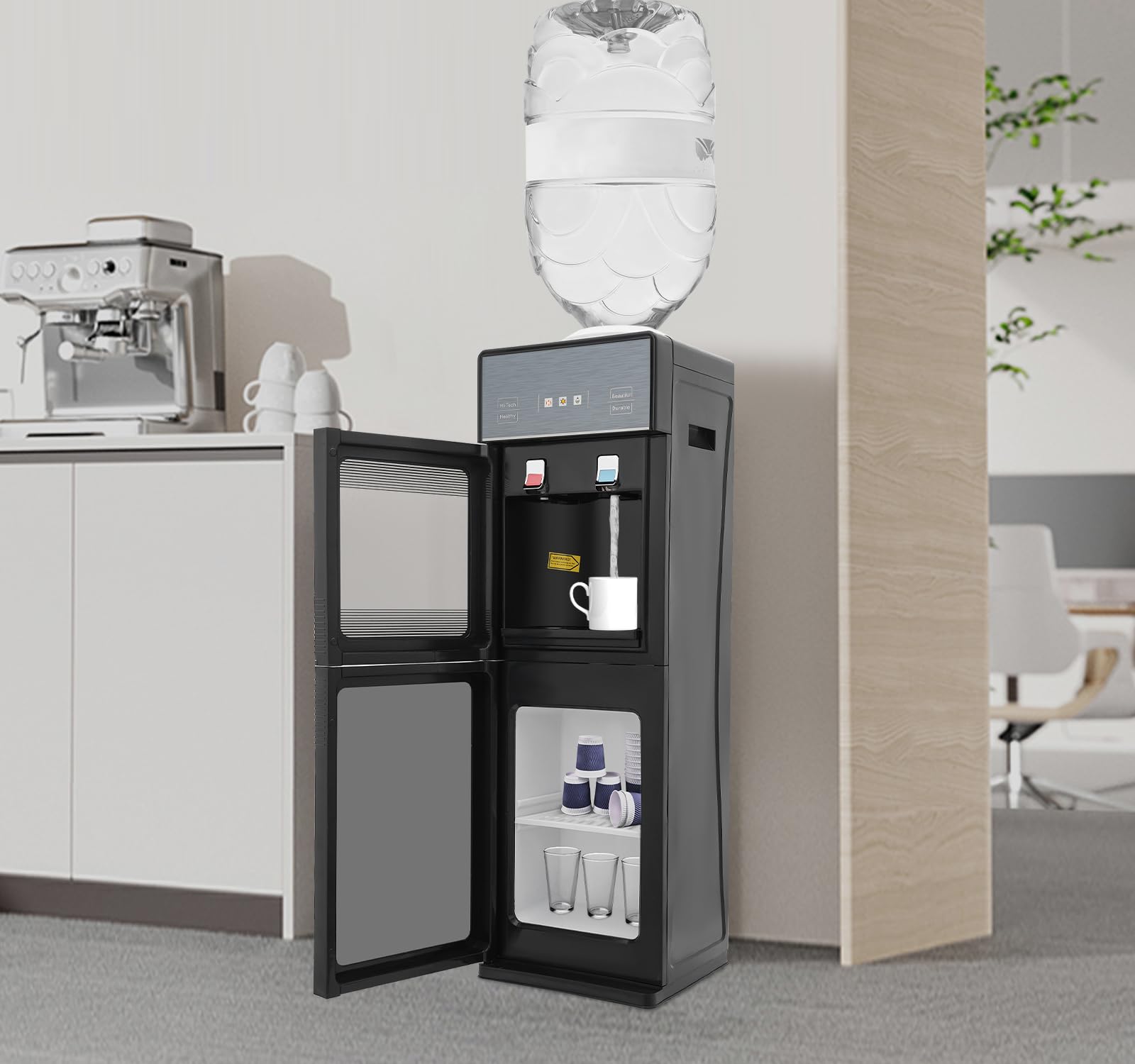 Fontaine à Eau Chaude et Froide 3 Températures, Distributeur d'eau par Bonbonne 5Gal, Puissance 500W/90W, avec Compartiment de Rangement, pour Maison et Bureau, Gris