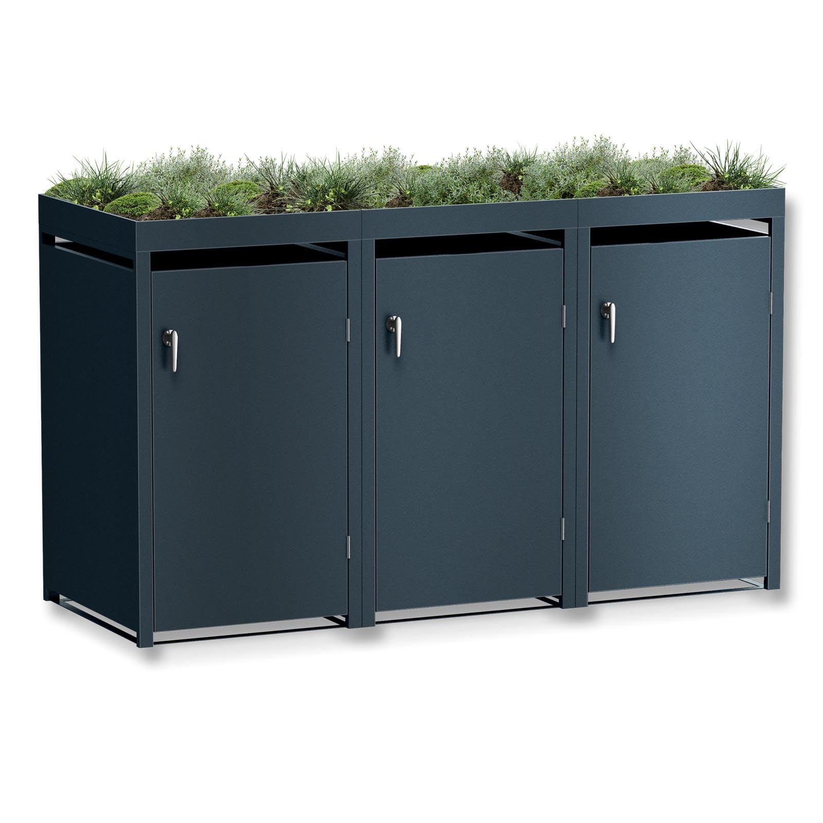 Metzler Mülltonnenbox in Anthrazit mit Pflanzdach 3er 240L, Mülltonnenverkleidung 3 Tonnen, witterungsbeständiger und pulverbeschichteter Stahl mit Automatikdeckel, abschließbar, Garten- und Müllbox
