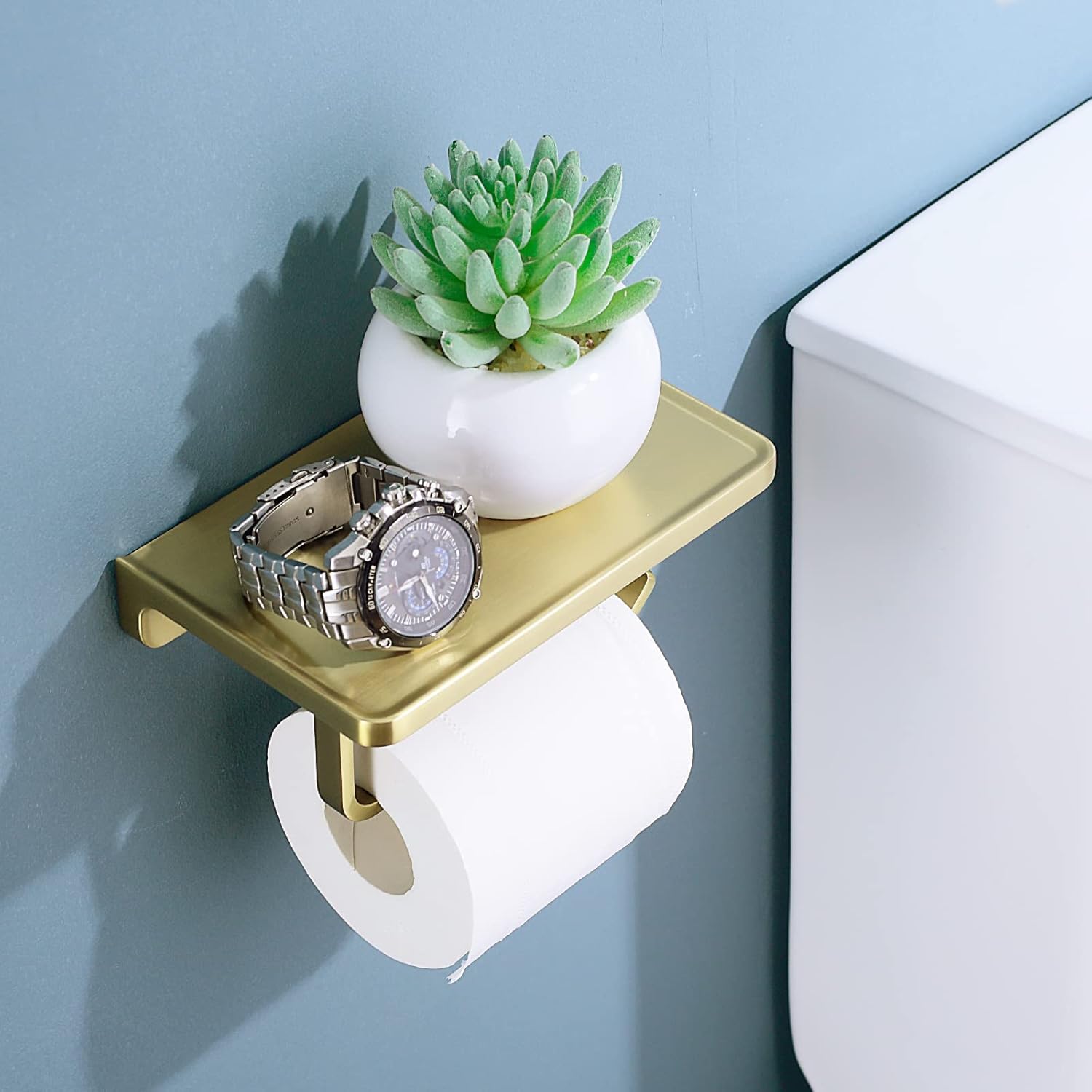 Brushed Gold Toilet Paper Holder with Phone Shelf, Wall Mounted Zinc Alloy Bathroom Accessories Rustproof Tissue Roll Holders Dispenser