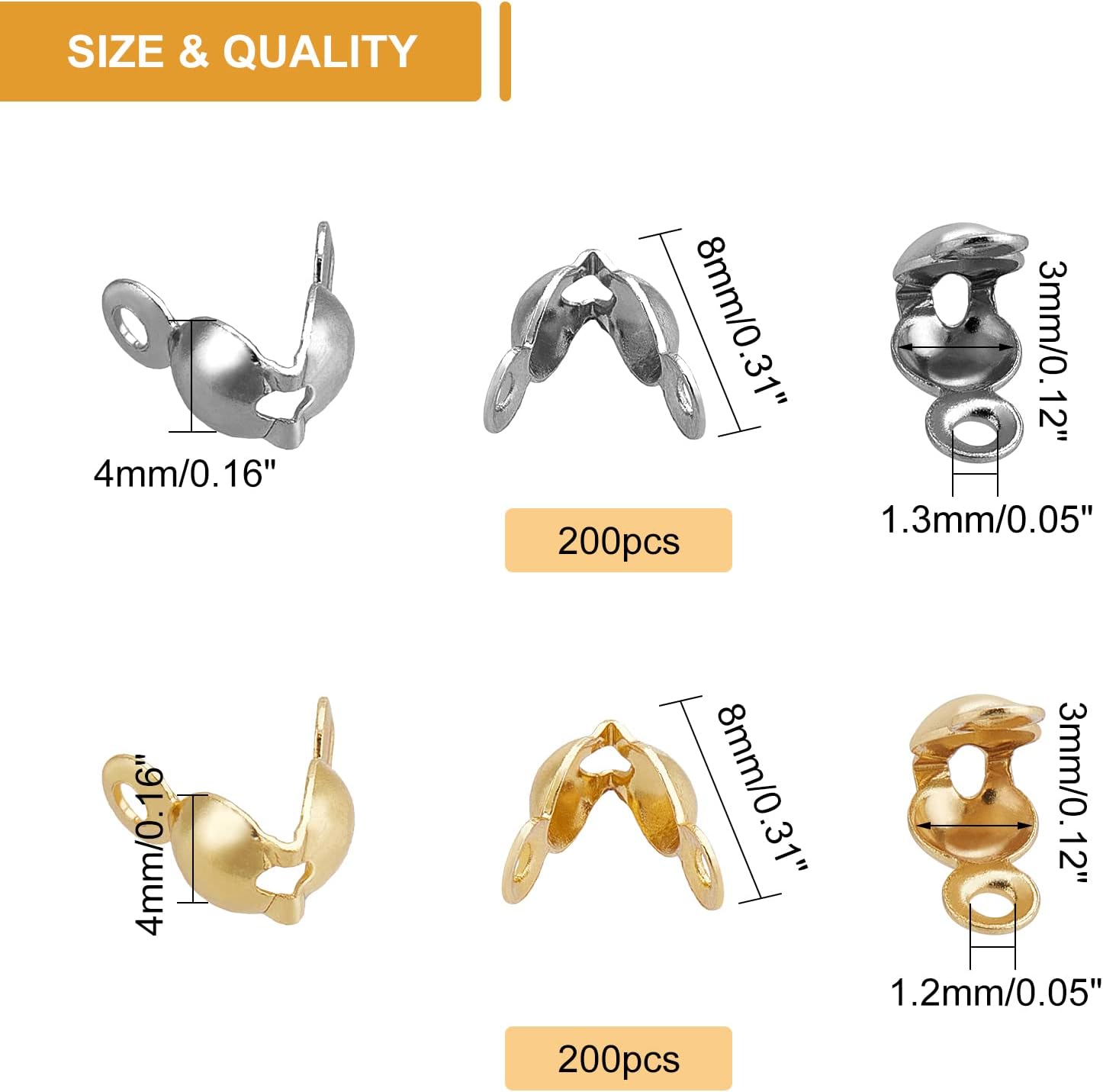 NBEADS 400 PCS 304 Stainless Steel Bead Tips, Open Clamshell Fold-Over Bead Tips Knot Covers End Caps Knots Crimp Findings for Jewelry Making Bracelets Necklaces - Golden & Stainless Steel Color - Image 7