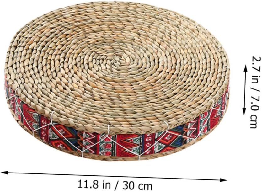 Straw Woven Meditation Cushion 30cm Diameter X 7cm Height Japanese Tatami Floor Pillow Bohemian Red Braided Seat Pad for Indoor Sitting and Zen Practice