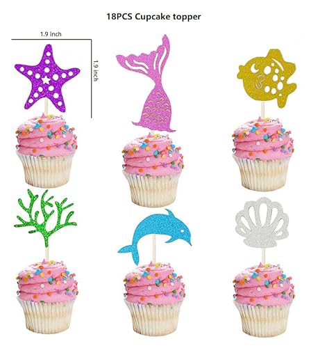 Glitter Mermaid Cake Decoration Mermaid Theme Cupcake Topper And Cake Topper For Birthday Party Contains Mermaid Tail,Starfish,Shell Classic Pattern Designs #TOP2