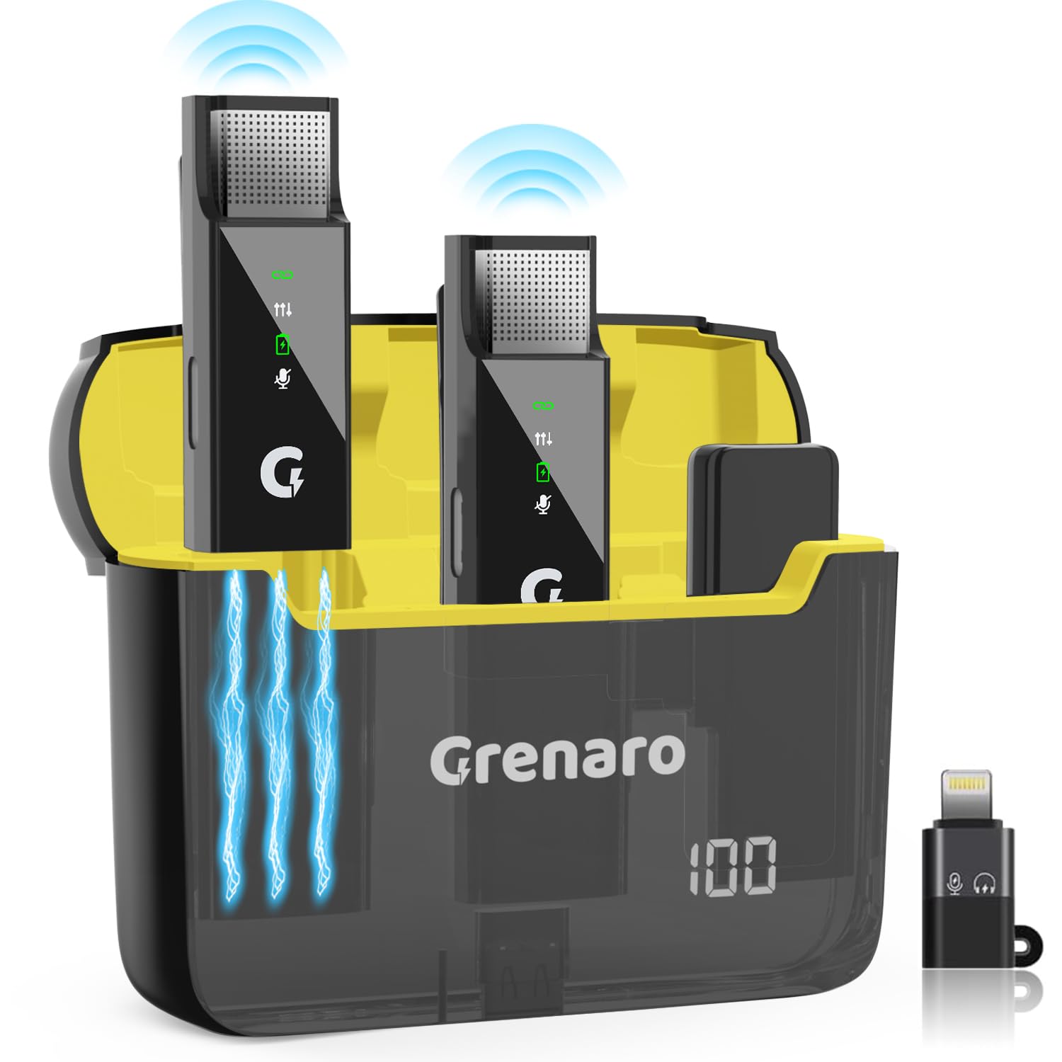 GRENARO Wireless Microphone, S13 Digital Display Charging Case-Wireless Mic for YouTube, 98FT Range 30H Battery Life Lapel Mic for Android/iPhone - 3 Level Noise Reduction (Dual Universal-Yellow)-image-20