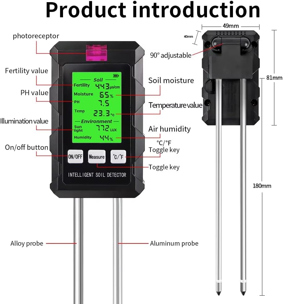 6-in-1 Soil Test Kit Soil Moisture Meter/PH Meter/Sunlight Intensity/Fertility Soil Tester, LCD Display Air & Soil Hygrometer Temperature for Garden, Farm, Lawn Care Moisture Meter for Plants