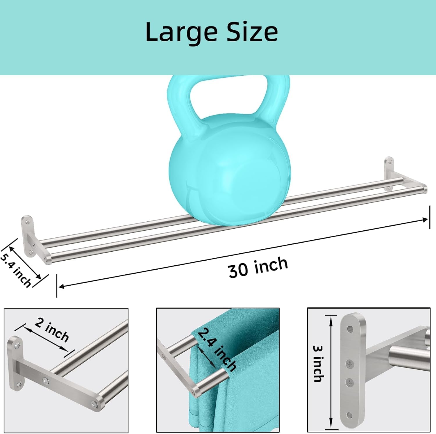 YUMORE Double Towel Rail Wall Mounted 80CM Bathroom Towels Holder Stainless Steel Dual Rod Long Bath Sheet Bar Rack for Bathroom Toilet Brushed - Image 2