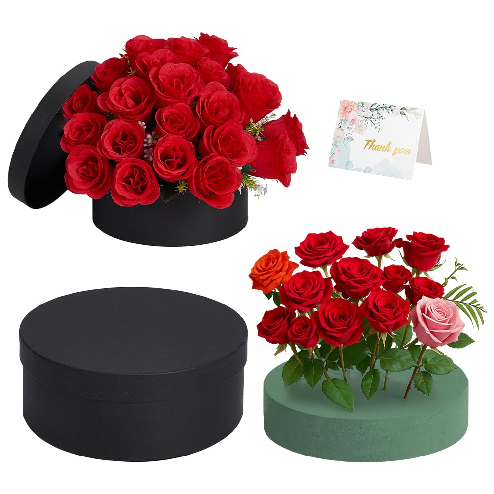 BENECREAT Black Round Gift Box with Lid & Floral Foam Set, 23.4x12.5cm/9.2x4.9 Inch Gift Boxes for Flowers for Mother's Day, Valentine's Day, Anniversary, Wedding