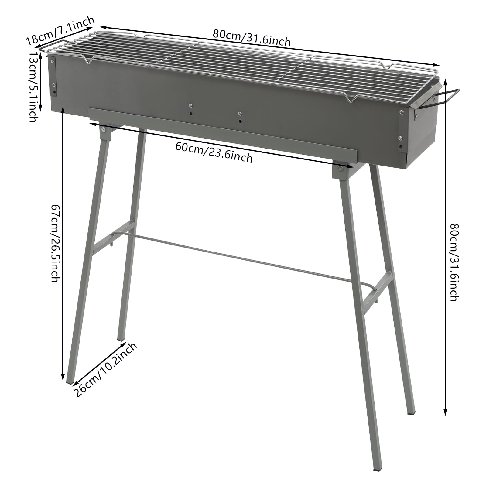Składany grill kempingowy, grill z kratką i drążkiem podporowym, 80 x 18 x 13 cm, mobilny składany grill ogrodowy