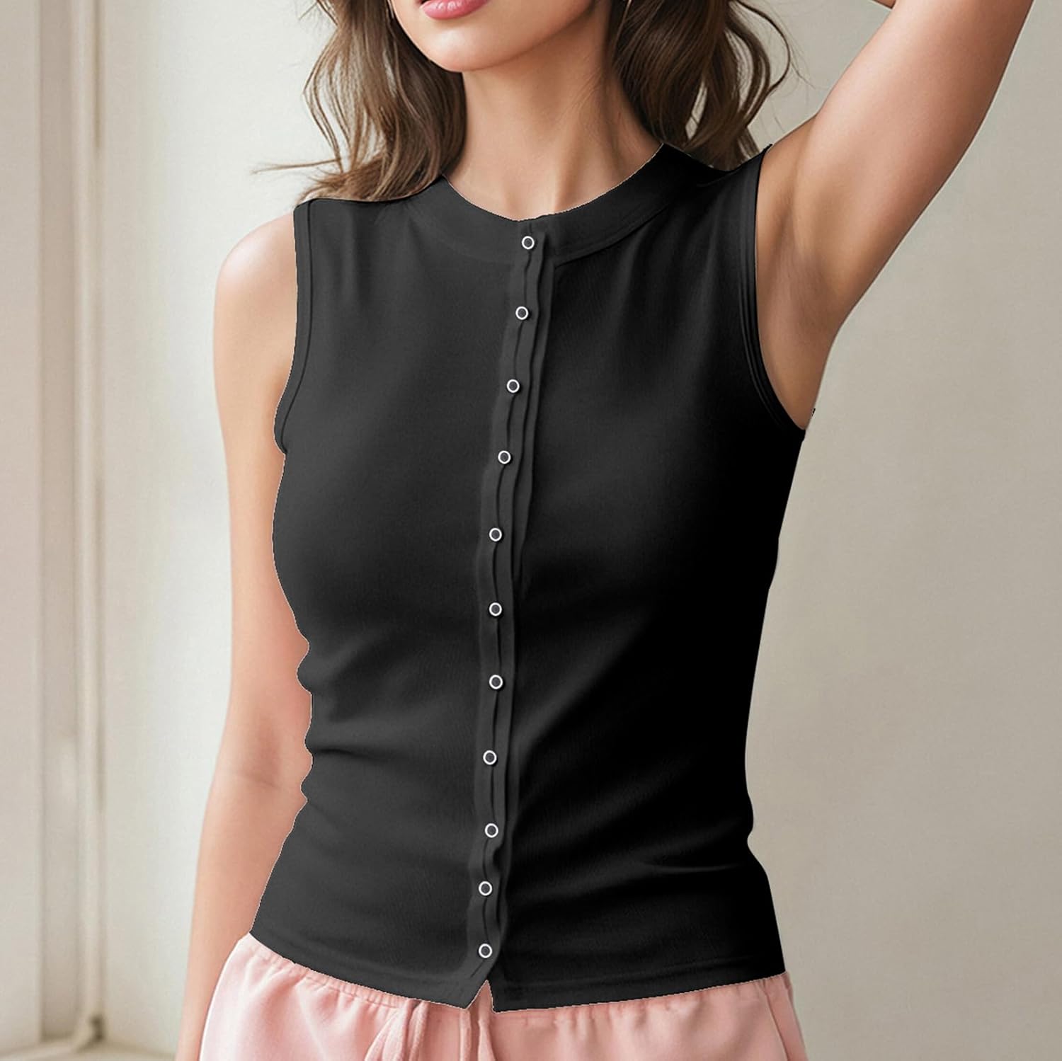 Women Button Up Tank Tops Trendy Sleeveless Ribbed Knit Sweater Vest Top - Image 3