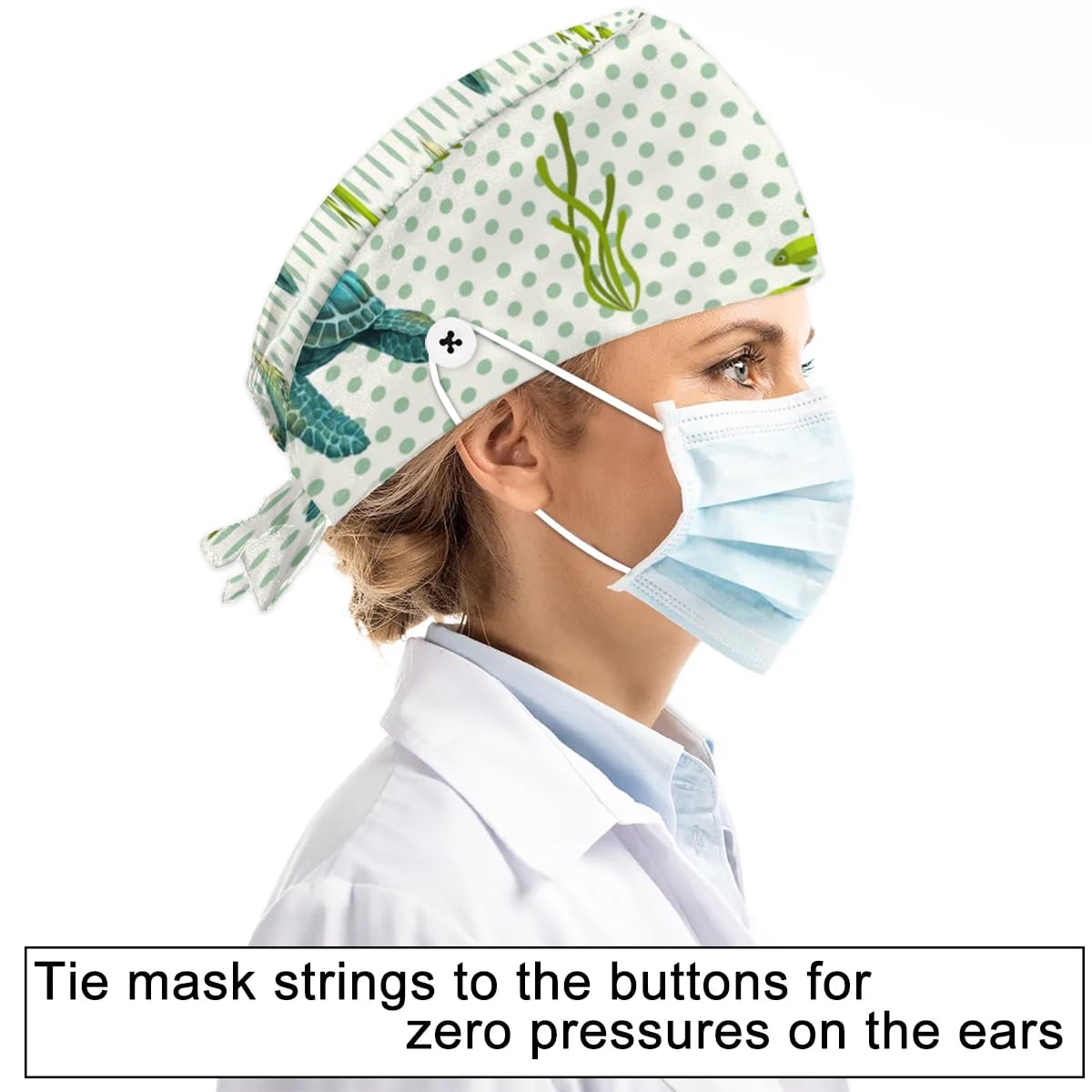 Mularoka Watercolor Sea Turtle Seagrass Fish Working Caps with Button Sweatband Comfortable Adjustable Bouffant Hats Work Hat for Women Men