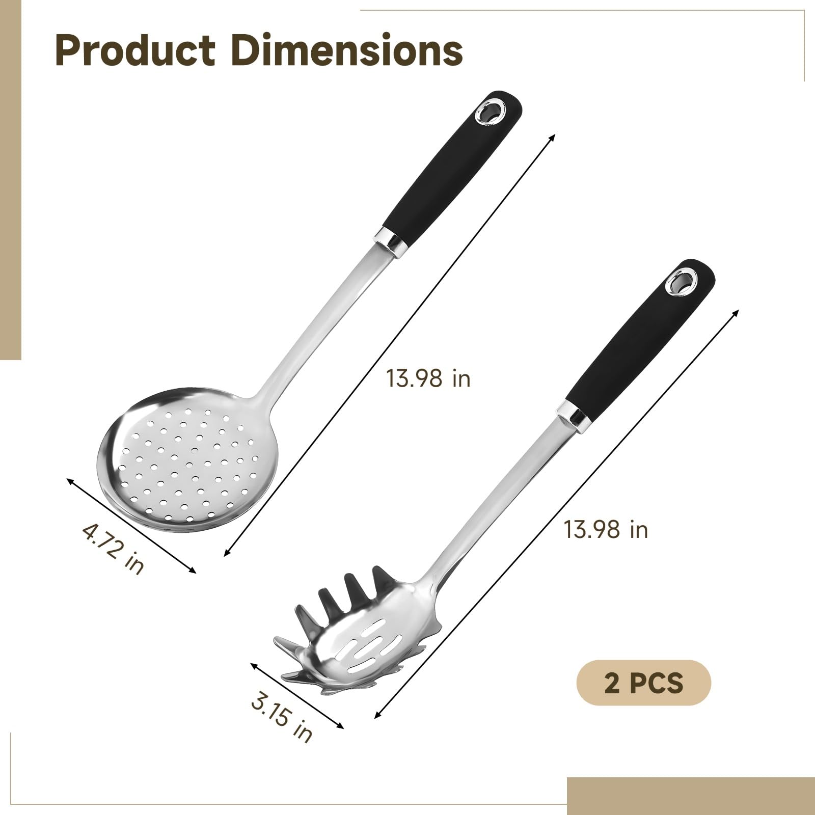 Lot de 2 cuillères à pâtes en acier inoxydable, écumoirs à spaghetti à tête ronde, poignée ergonomique antidérapante avec manche isolé, outils de cuisine pratiques pour égoutter les aliments et servir