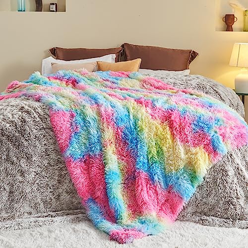 GONAAP Fuzzy Faux Fur Throw Blanket Twin Size Dark Rainbow Super Soft Cozy Plush Fuzzy Shaggy Blanket for Couch Sofa Bed (Dark Rainbow, Twin(60"x80"))