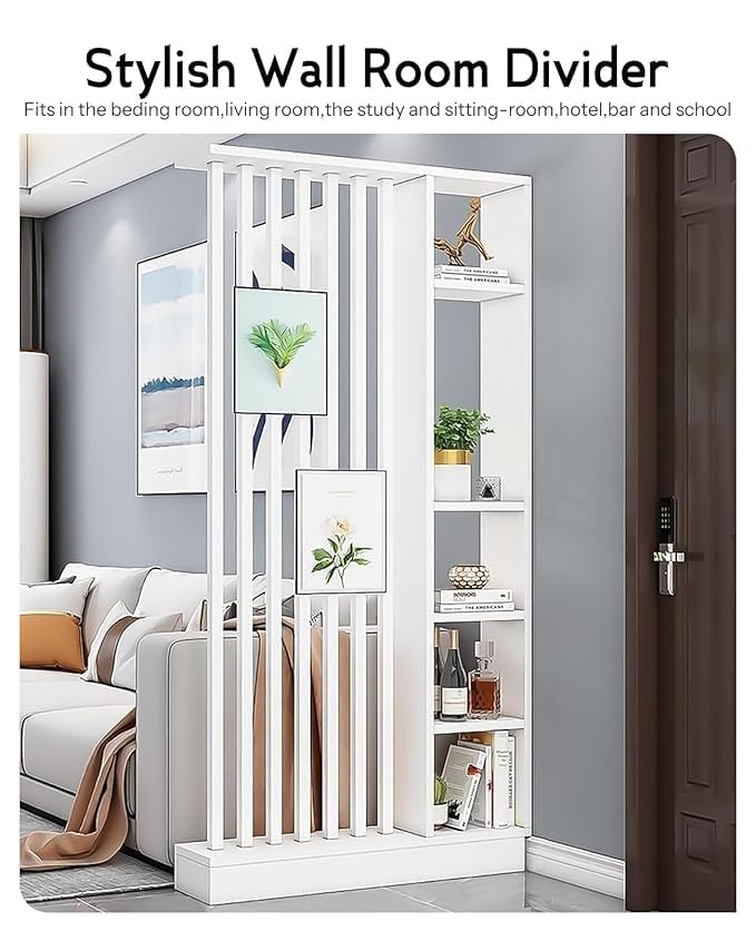 Image of Modern Wooden Room Divider Partition Shelf for Living Room | Shelf Divider Panel | Storage Partition for Bedroom, Hall & Office | White Finish | Pre-Assembled | (Size 84 x 48 x 6 Inches)