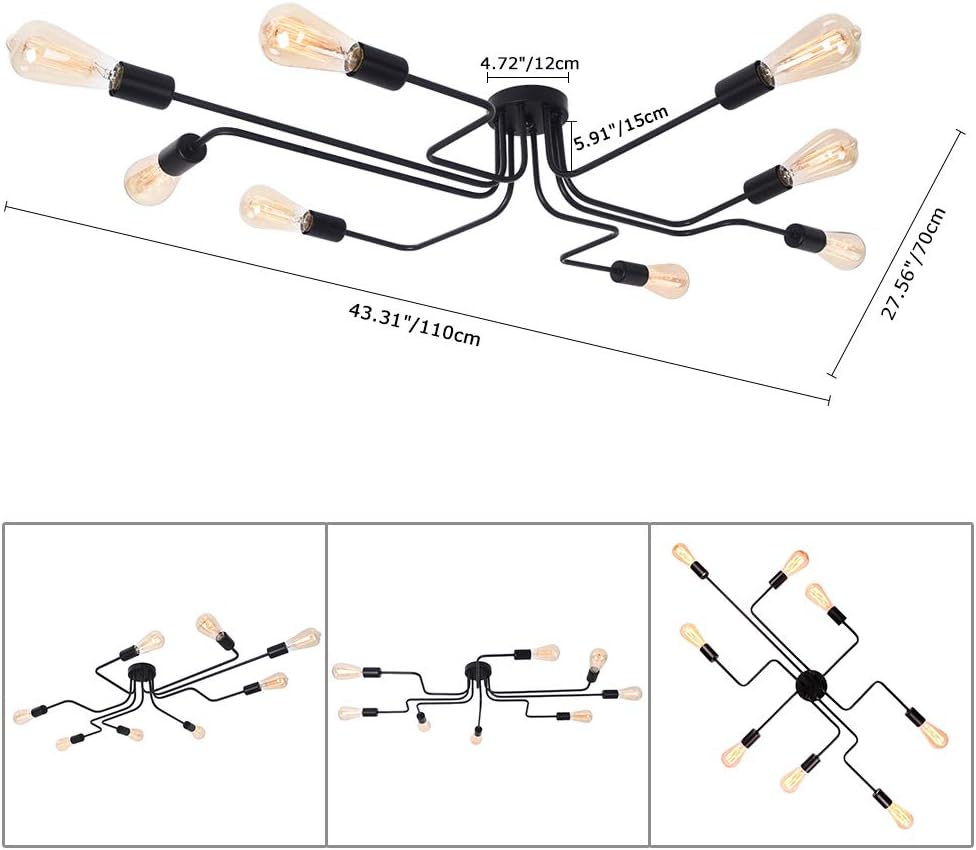 Lingkai 8 Lights Sputnik Ceiling Light Fixture Industrial Chandelier Semi Flush Mount Light Fixtures with Matte Black Finish for Living Room Bedroom Dining Room