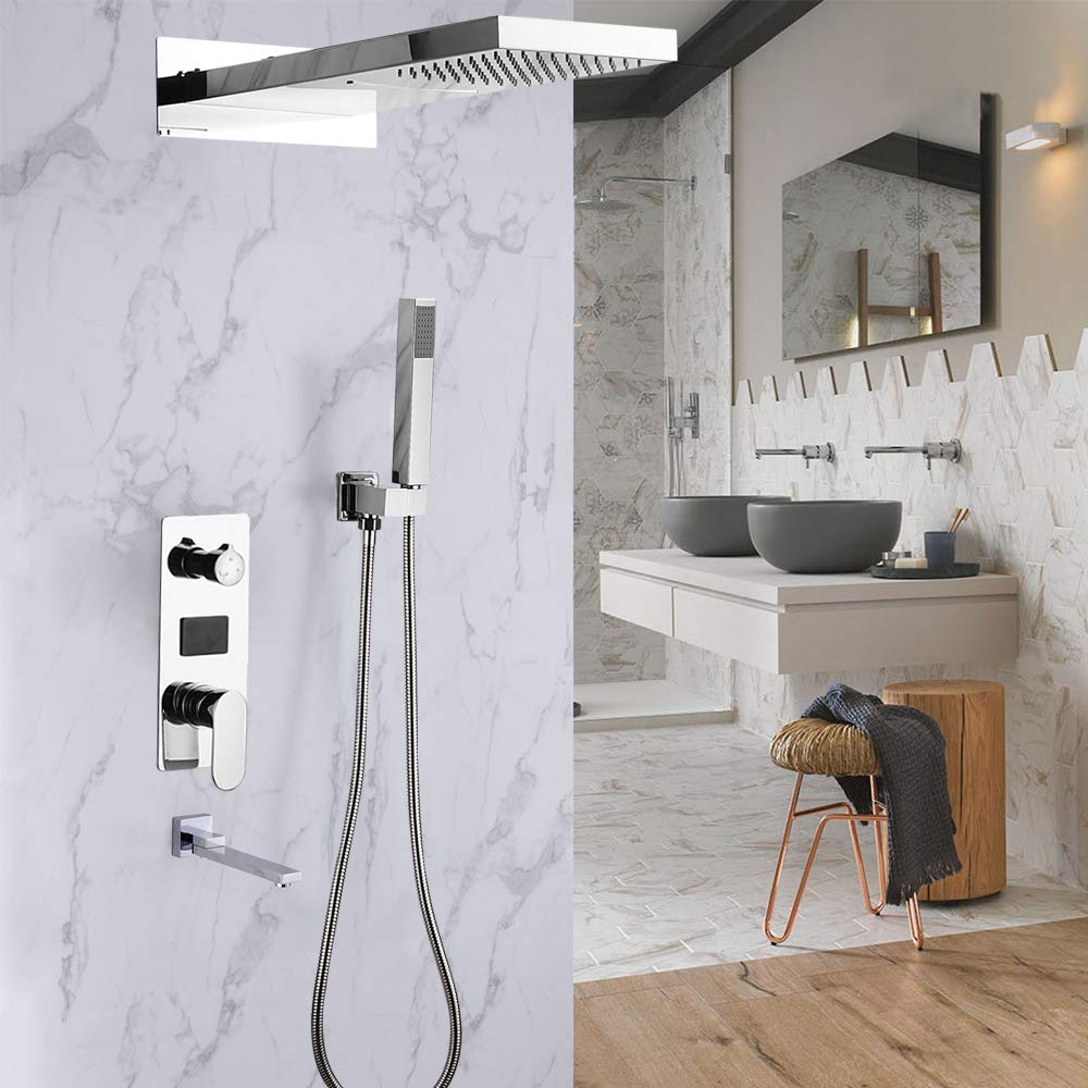 Robinet de douche mural avec douche à effet pluie - Mitigeur Douche - Avec douchette à main - Montage mural - Design cascade - Système de douche à LED thermostatique