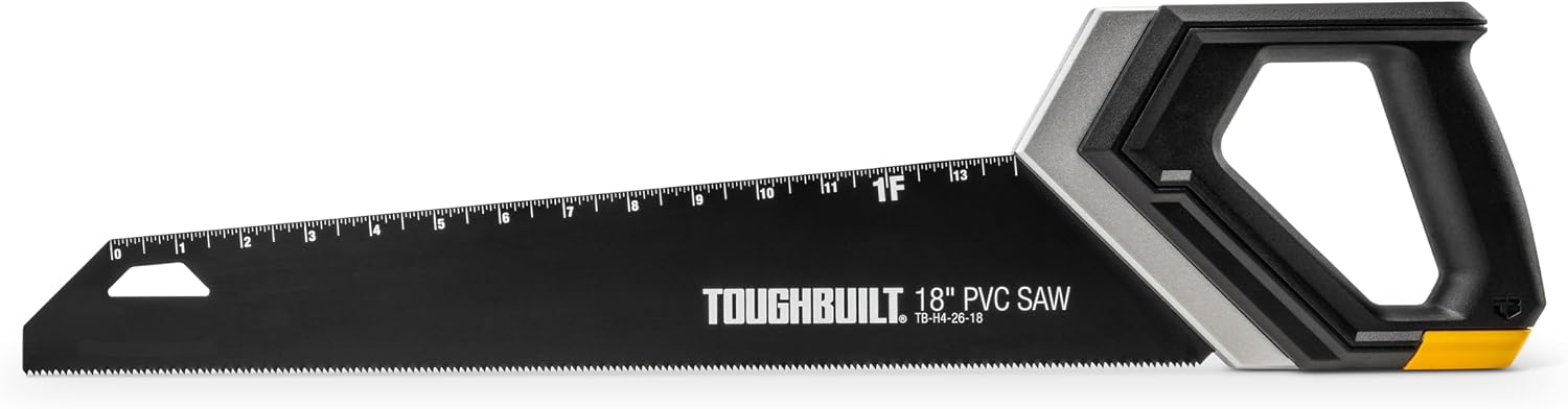 ToughBuilt – 18" PVC Saw, Pro-Grade Hand Saw with Triple-Ground Teeth, Rigid Steel Blade, and Ergonomic Handle for Precision Cutting of PVC, Plastic Pipe, and Wood (TB-H4-26-18)