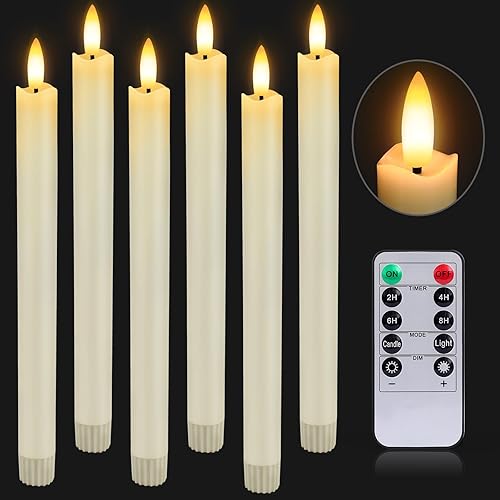 HINZER 6 velas cónicas sin llama con control remoto y temporizador de cera real de 9.6 pulgadas, funciona con pilas, LED cálidas con mecha 3D, velas