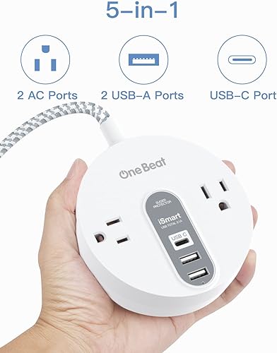 Miniatura 7 de Regleta protectora contra sobretensiones con USB C - Cable de extensión de enchufe plano con 2 salidas de CA ampliamente y 3 USB, pequeña estación